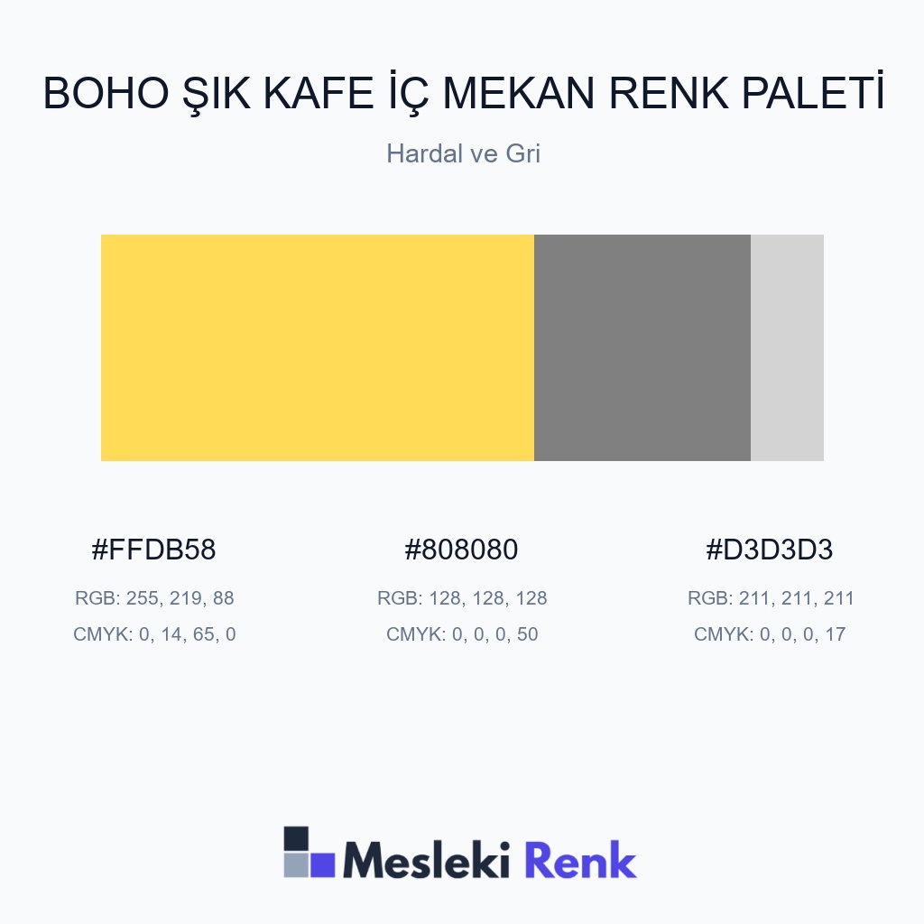 Boho Şık Kafe İç Mekan Hardal ve Gri Renk Paleti
