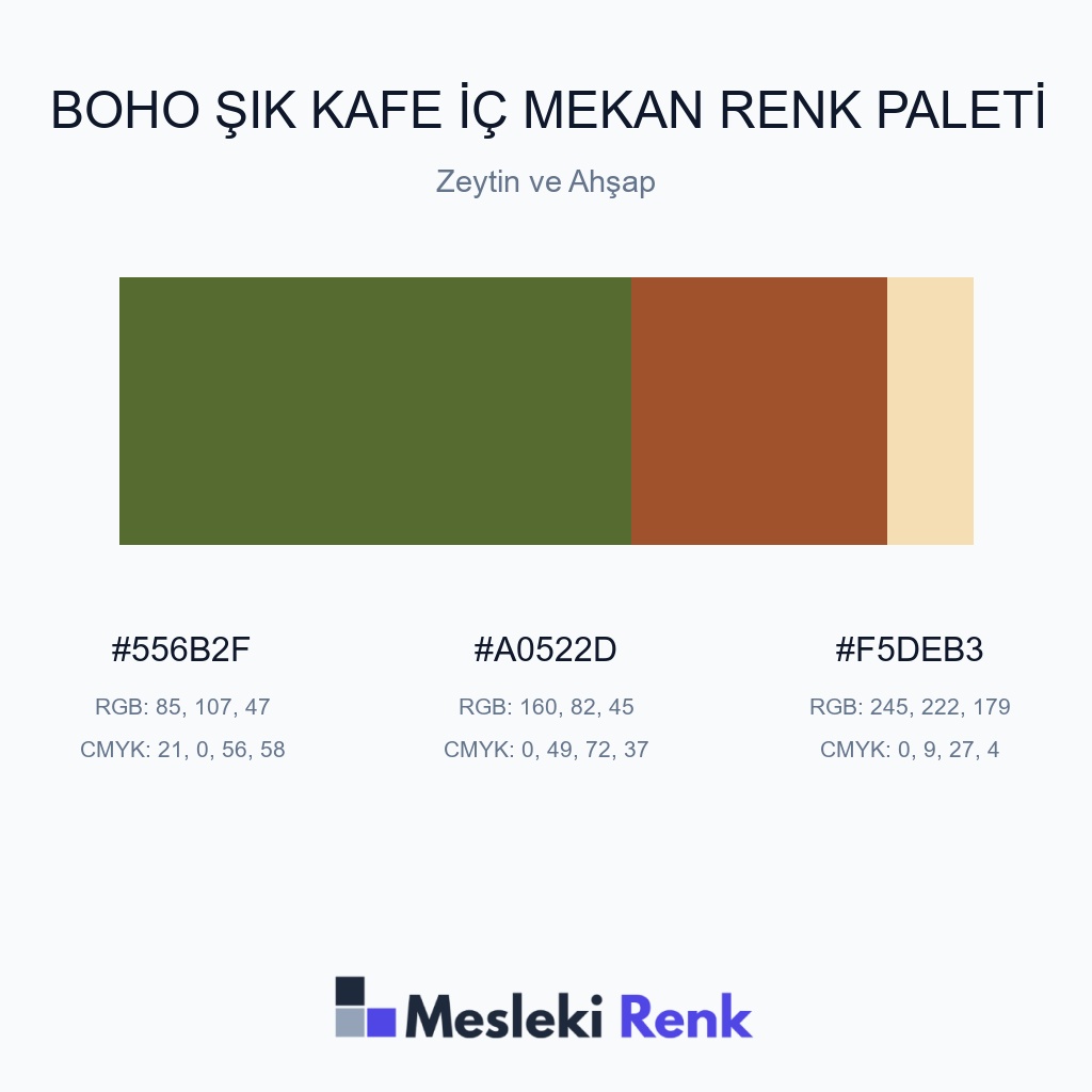 Boho Şık Kafe İç Mekan Zeytin ve Ahşap Renk Paleti
