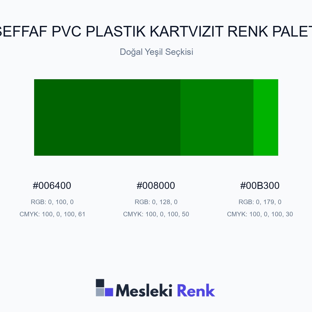 Şeffaf PVC Plastik Kartvizit Doğal Yeşil Seçkisi Renk Paleti